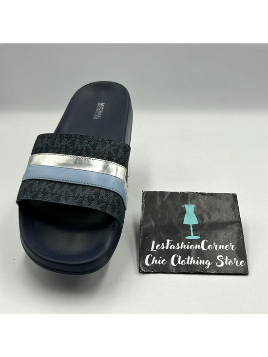 Michael Kors Men\'s Navy Silver EVA Brandy Metallic Striped Slides Size 11 3500 main image 16